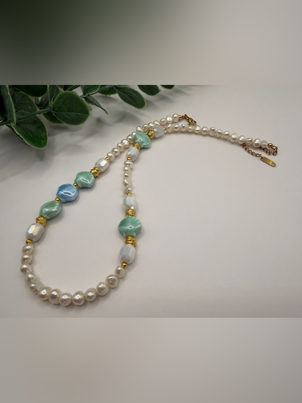 Pearl and Sea ceramic Bead Necklace with Gold Accents - Mint & Light Blue